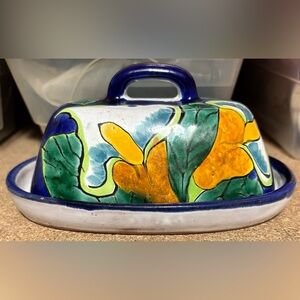 VTG TALAVERA Handmade Pottery Butter Dish Made in Mexico. Signed inside the top.